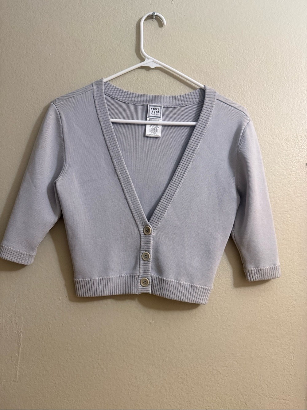 Herve Leger Pale Gray Cropped V‑Neck Button Cardigan